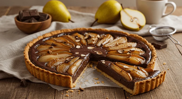 Une tarte poire chocolat magnifiquement présentée sur une table en bois rustique, avec une croûte dorée, une ganache au chocolat brillante et des tranches de poires caramélisées soigneusement disposées sur le dessus. La tarte est décorée d’un léger saupoudrage de sucre glace et d’amandes effilées, entourée de props comme un petit bol de morceaux de chocolat, des poires fraîches et une tasse de café ou de thé. La scène est éclairée par une lumière naturelle chaleureuse, avec un arrière-plan aux tons neutres et un napperon en tissu subtil pour créer une ambiance invitante et élégante.