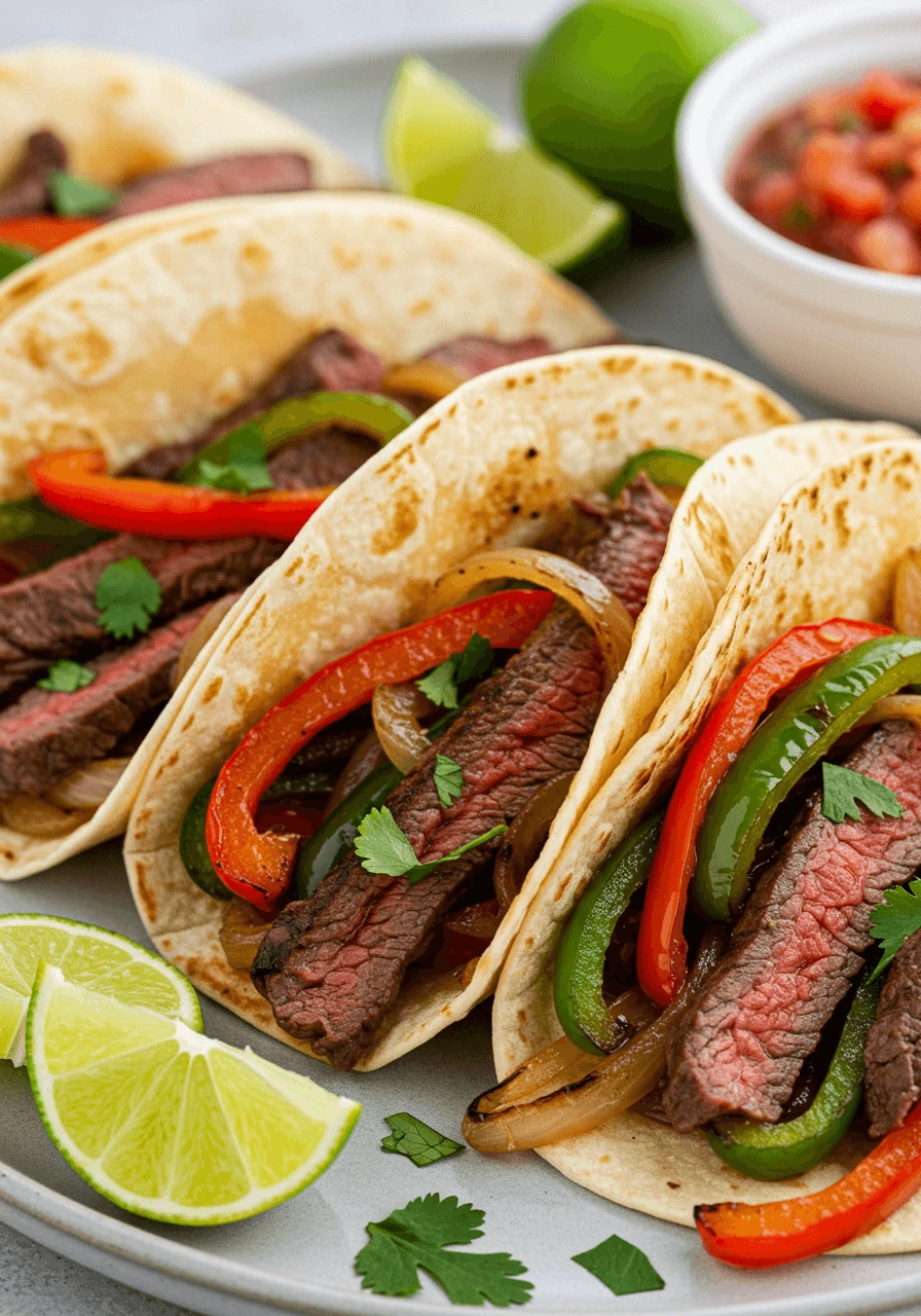 Fajitas au bœuf avec des lanières de skirt steak tendre, poivrons grillés, oignons et salsa épicée.