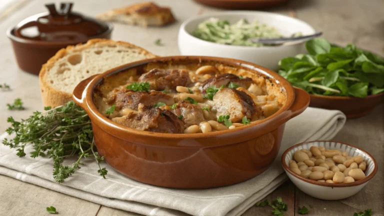 Image d’un cassoulet maison dans une terrine en terre cuite, avec une croûte dorée sur le dessus, des morceaux de confit de canard, d’agneau et des haricots blancs, accompagné d’un pain de campagne et d’une salade verte.