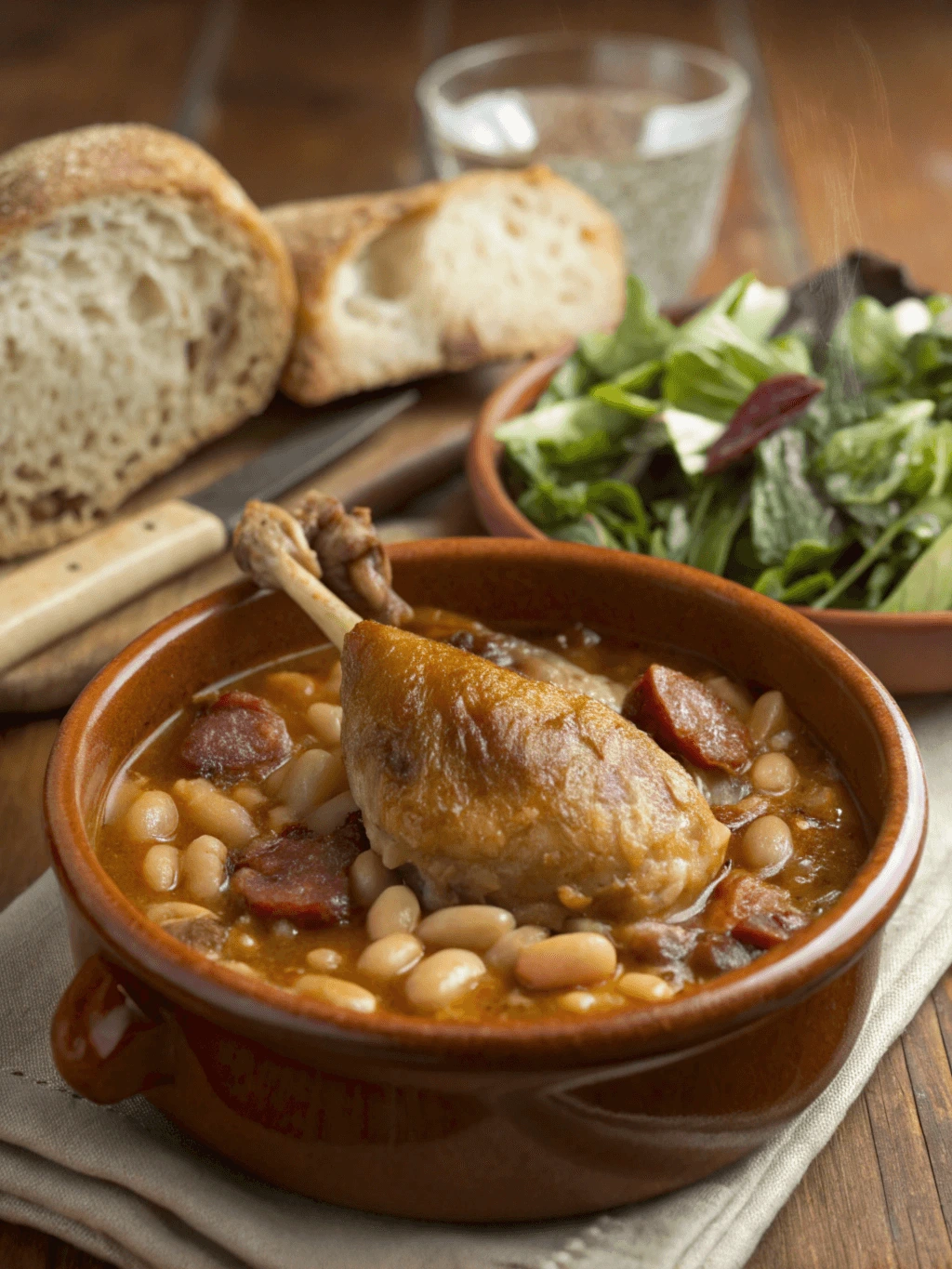 Image d’un cassoulet au confit de canard avec des morceaux de canard dorés et des haricots blancs, accompagné de pain de campagne et d’une salade verte.