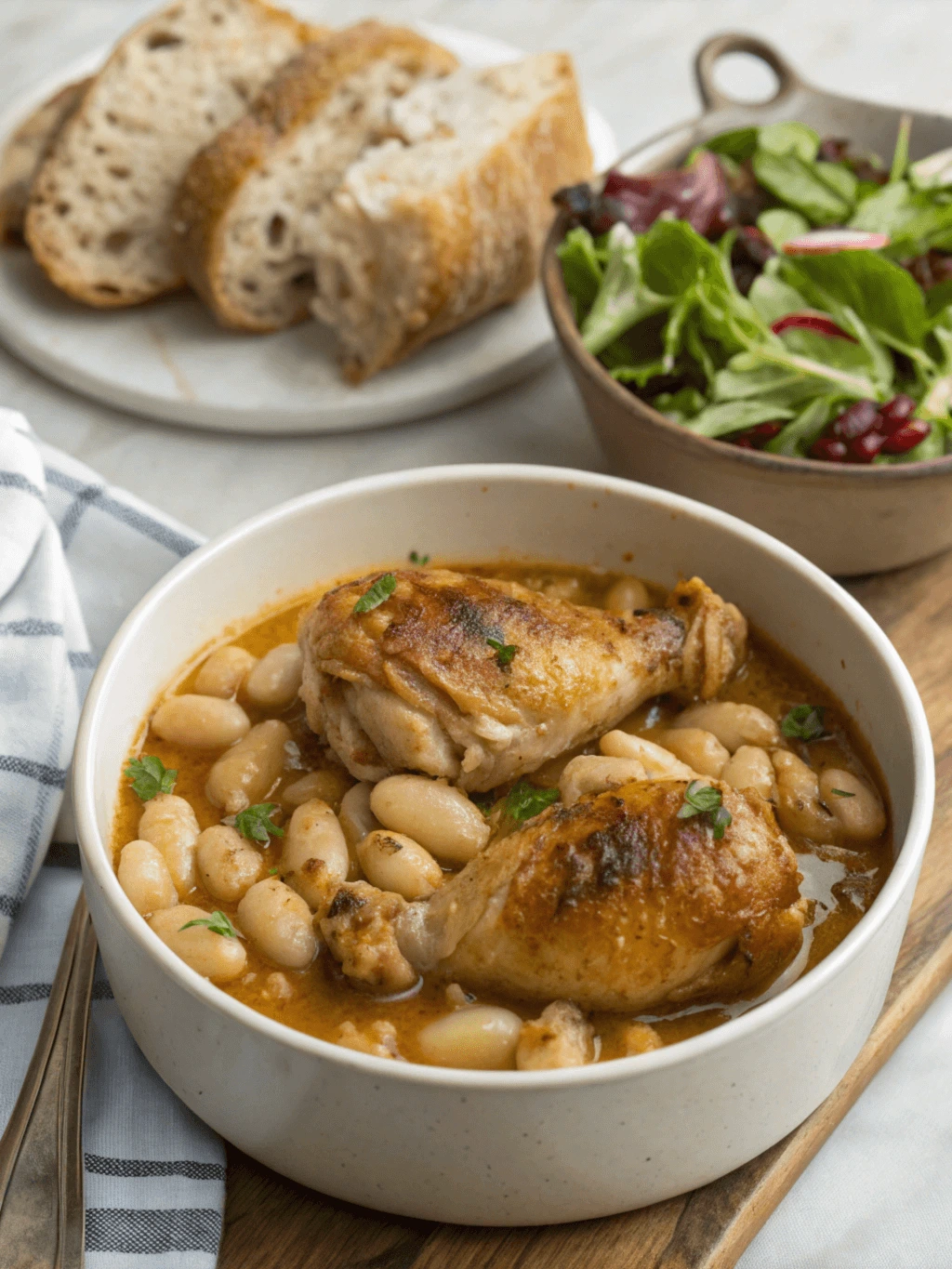 Image d’un cassoulet au poulet avec des cuisses de poulet rôties et des haricots blancs dans un bouillon savoureux, accompagné de pain de campagne et d’une salade verte.