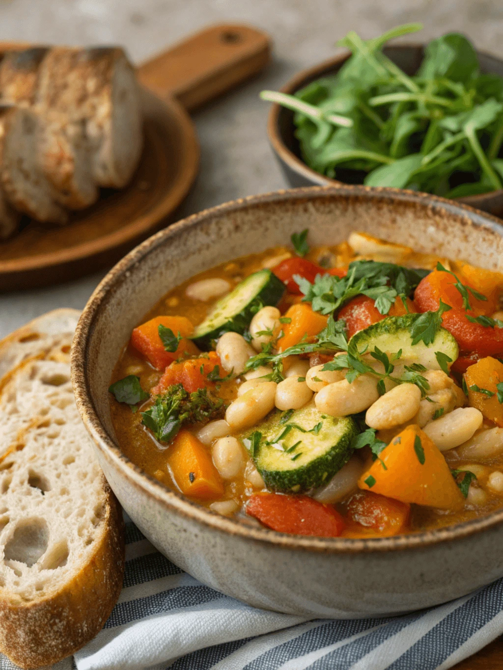 Image d’un cassoulet végétarien avec des haricots blancs et des légumes colorés (carottes, courgettes, poivrons) dans un bol rustique, accompagné d’un pain de campagne et d’une salade verte.