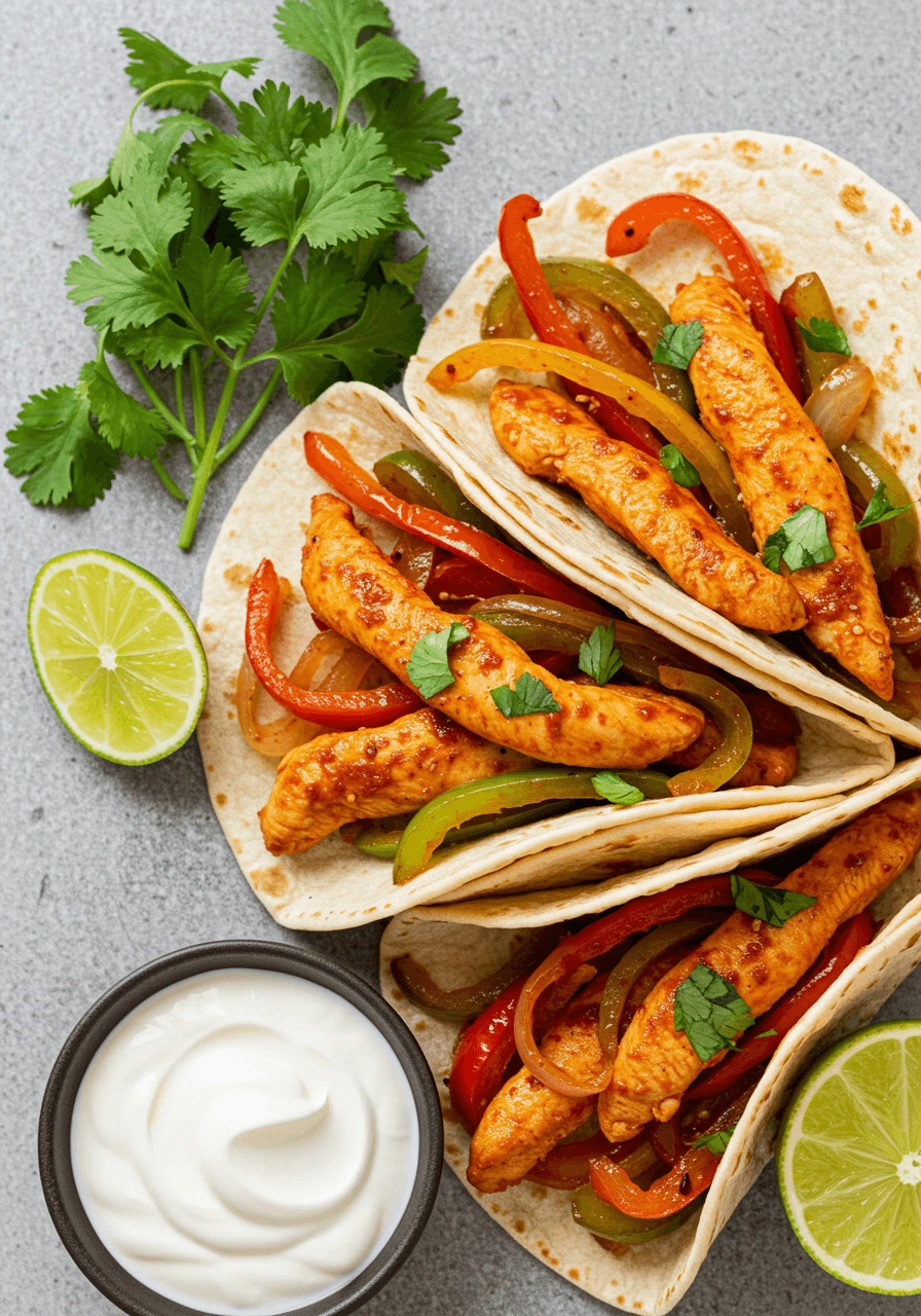 Fajitas au poulet marinées avec des épices piquantes, poivrons grillés, oignons, coriandre et lime.