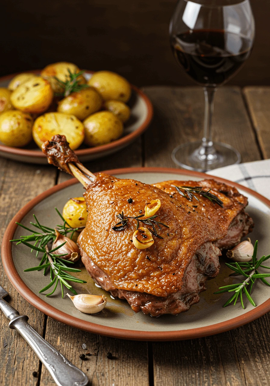 Cuisse de canard confite à l'ail et romarin, accompagnée de pommes de terre rôties et d'un verre de vin rouge.