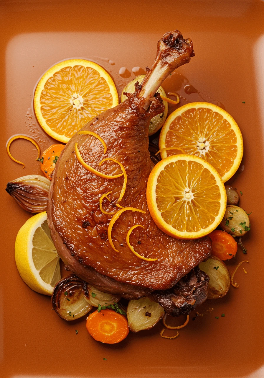 Cuisse de canard confite aux agrumes, décorée de zestes d'orange et citron, avec des légumes rôtis en accompagnement.