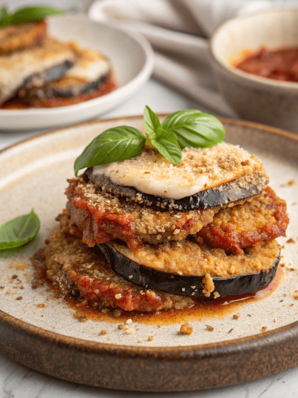 Aubergine parmigiana sans gluten avec des tranches d'aubergines panées sans gluten, de la sauce tomate riche, du fromage mozzarella fondu et une garniture de basilic frais.