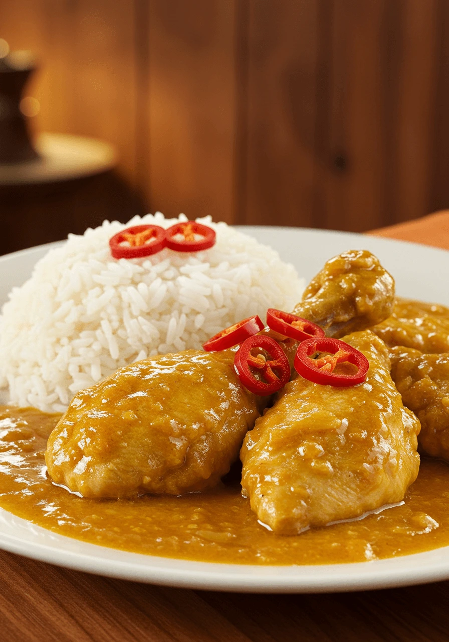 Poulet colombo épicé avec des piments rouges frais. La sauce est riche et dorée, accompagnée de riz.