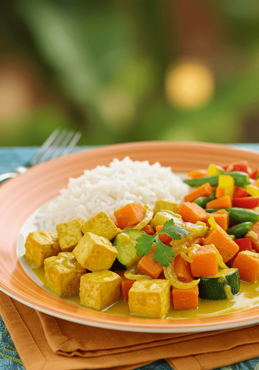 Poulet colombo végétarien avec tofu et légumes frais dans une sauce dorée. Servi avec du riz et des légumes sautés.