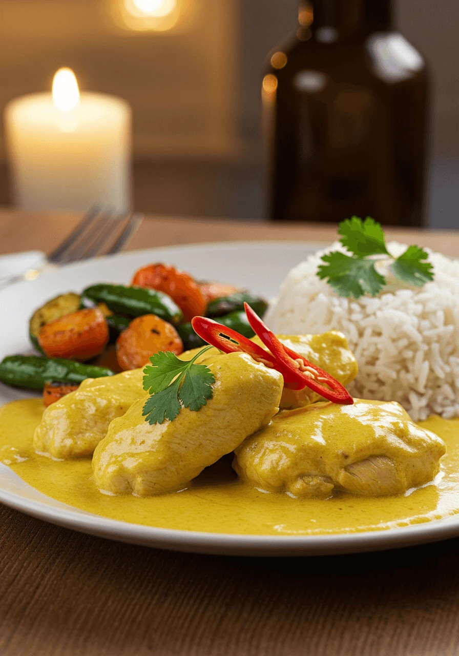 Poulet colombo au lait de coco crémeux, avec du riz et des légumes rôtis. La sauce est riche et dorée.