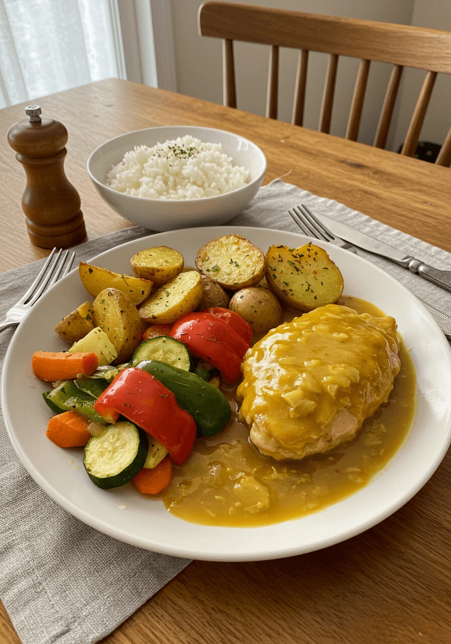 Poulet colombo accompagné de pommes de terre rôties et de légumes dans une sauce dorée épicée.