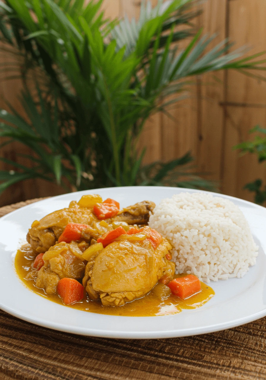 Poulet colombo servi avec du riz créole parfumé et des légumes colorés. Un plat antillais traditionnel.