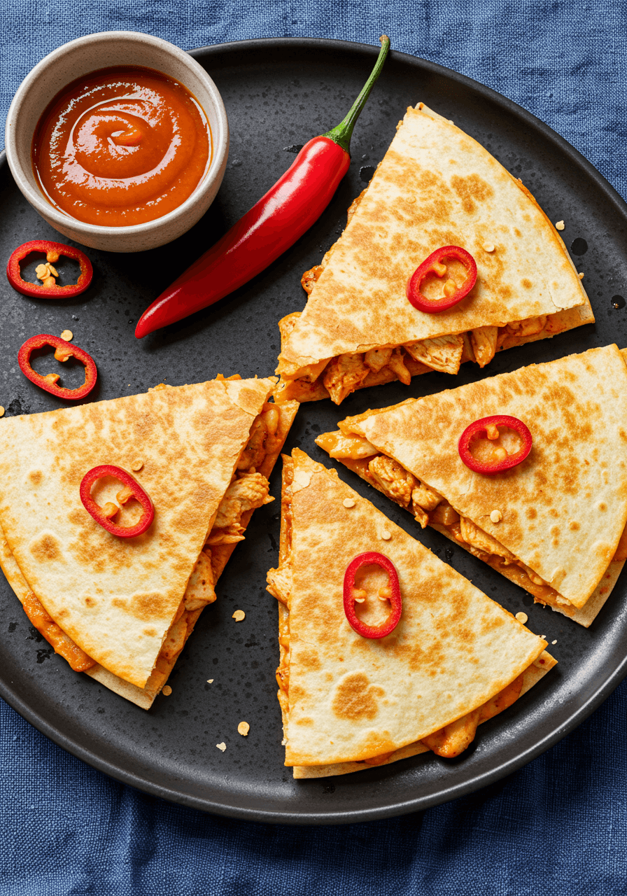 Quesadilla poulet épicée avec sauce piquante et piments frais.