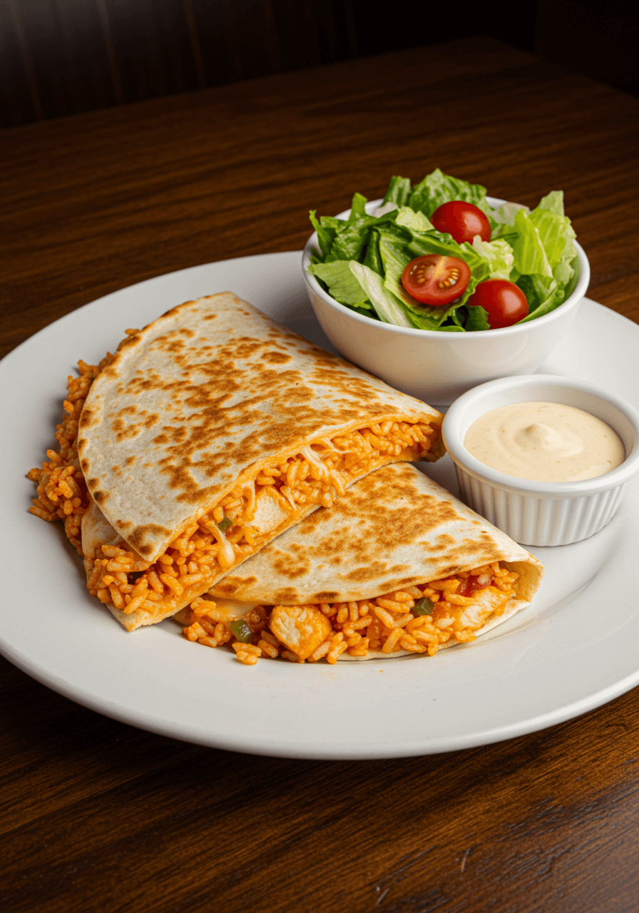 Quesadilla poulet avec riz et haricots noirs.