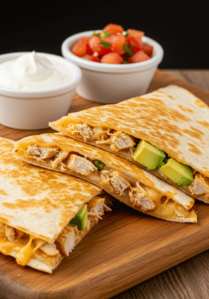 Quesadilla poulet avec avocat frais et sauce crème.