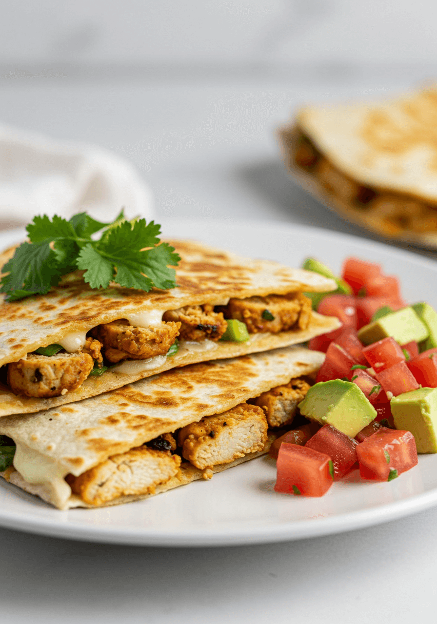 Quesadilla poulet avec fromage végétalien et avocat.