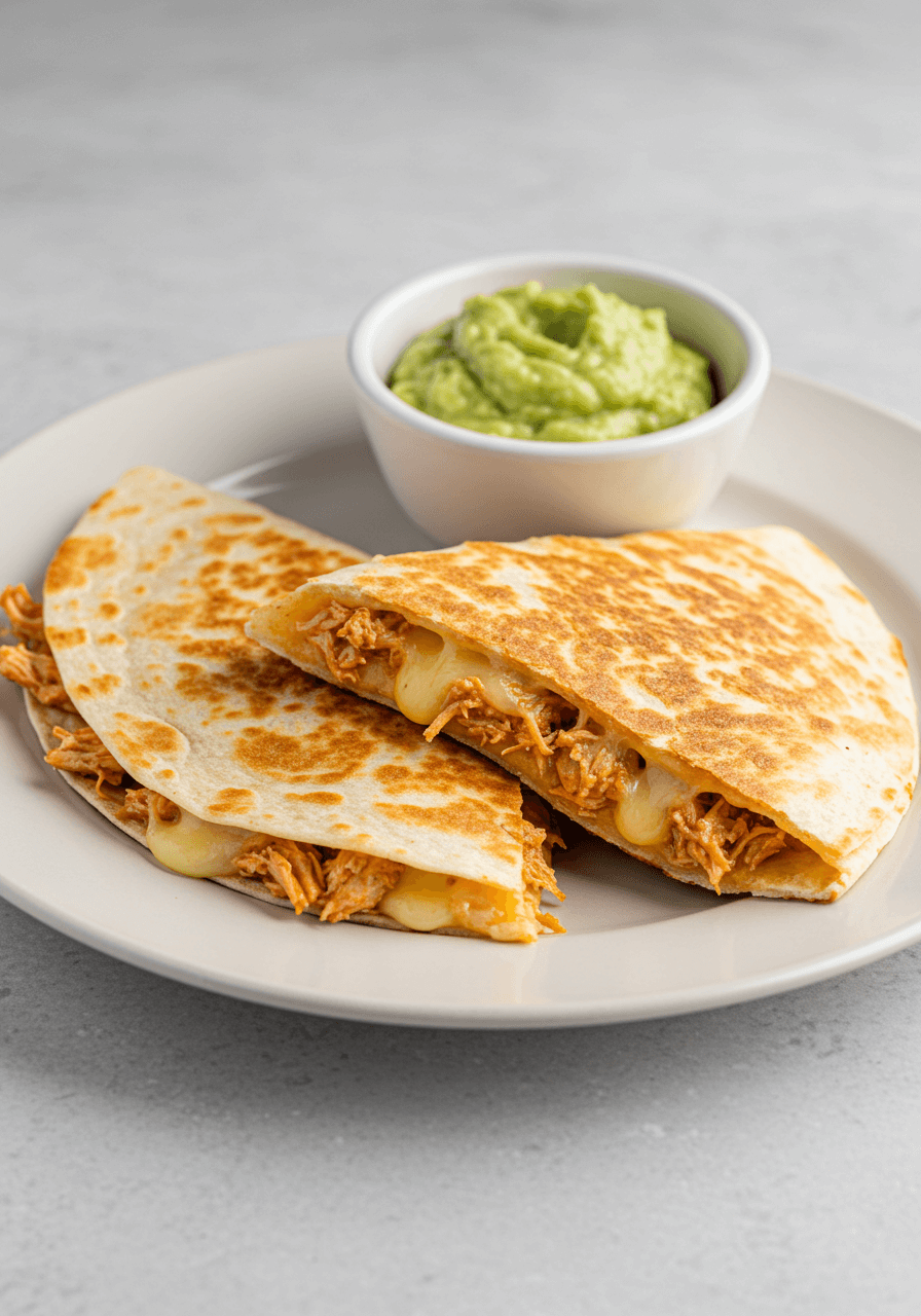 Quesadilla poulet et fromage fondant, accompagnée de guacamole.