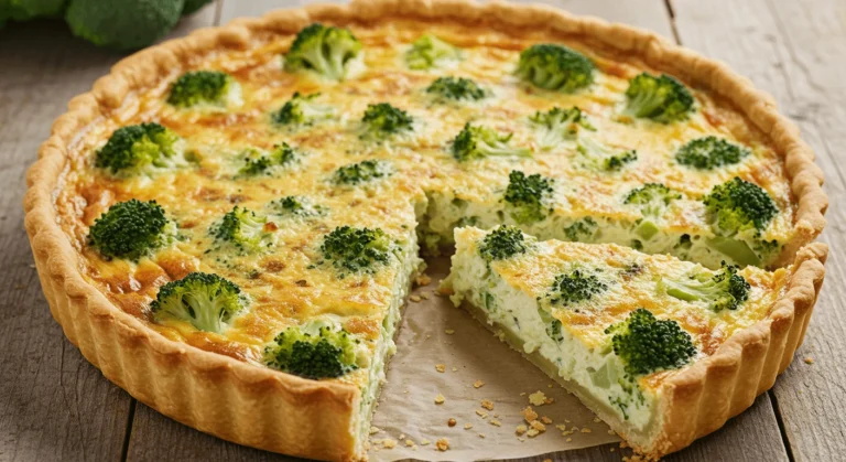 Quiche au brocoli maison avec une croûte dorée et une garniture crémeuse de brocoli, servie sur une table en bois rustique.