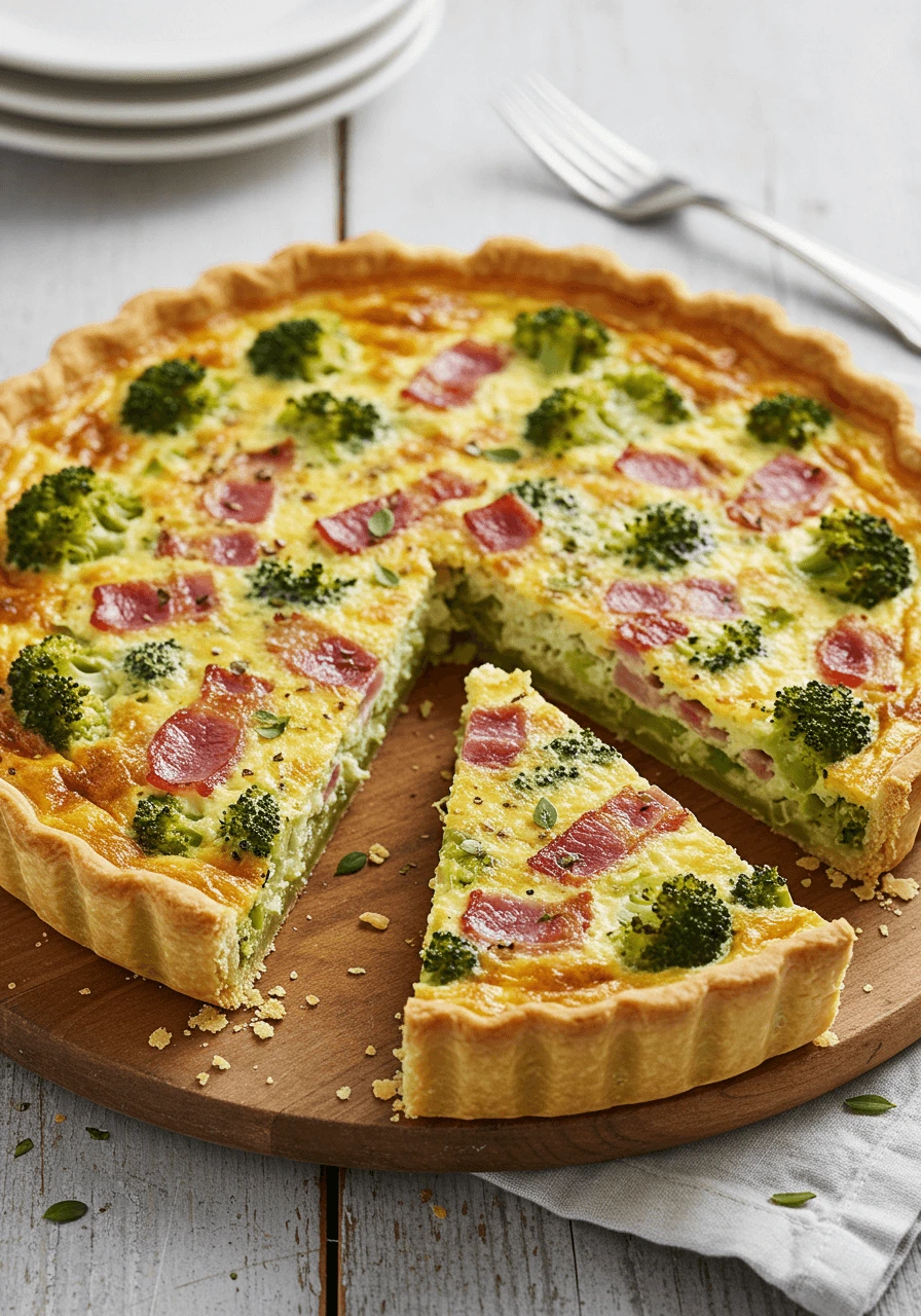 Quiche brocolis lardons avec une croûte dorée, contenant des morceaux de bacon croustillants et de brocoli frais.