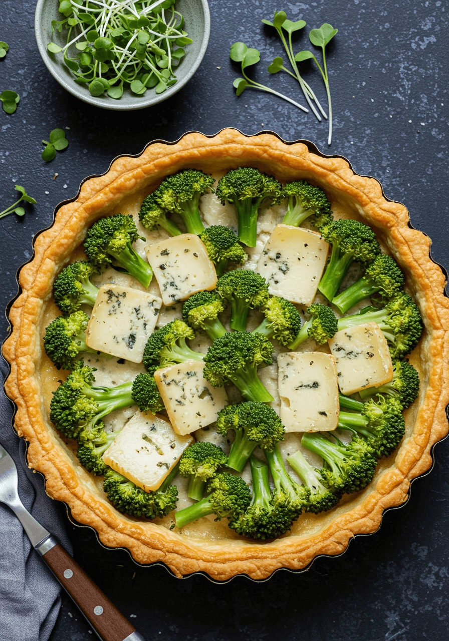 Tarte brocolis roquefort avec du fromage Roquefort fondant et des brocolis frais dans une pâte feuilletée dorée.