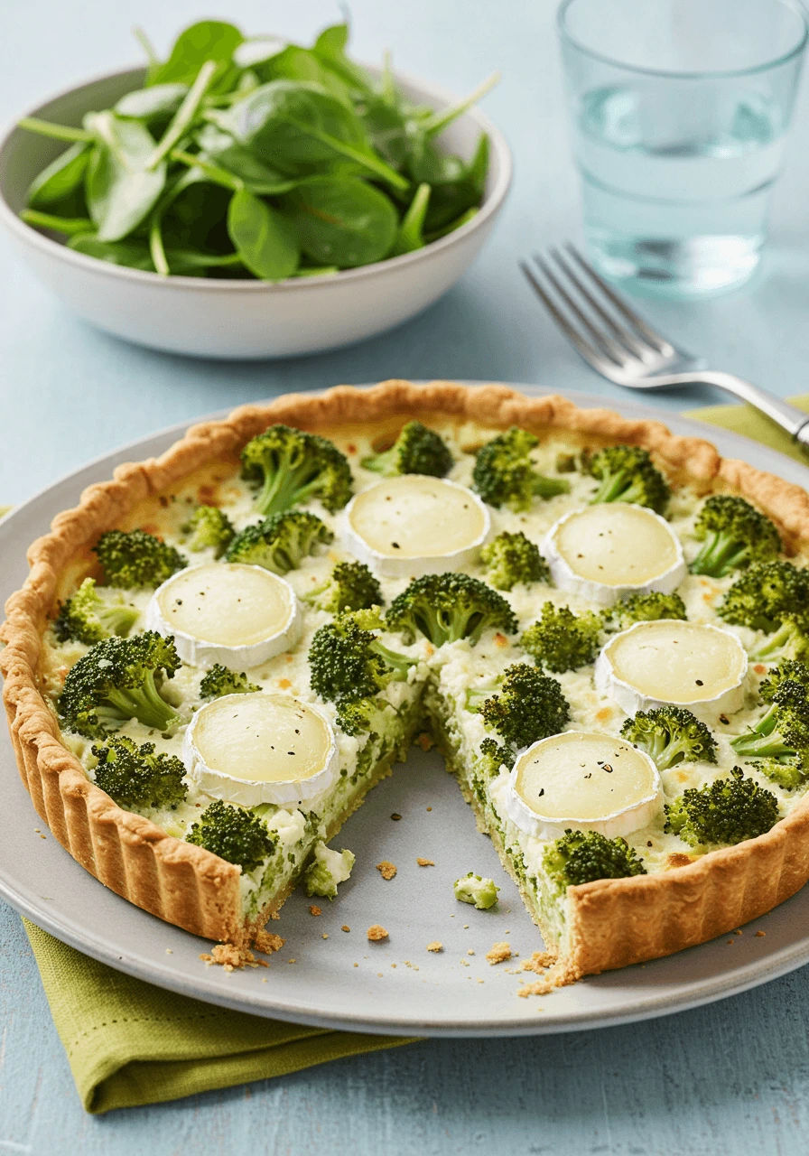 Tarte aux brocolis et au chèvre avec une garniture crémeuse de fromage de chèvre et des brocolis tendres.