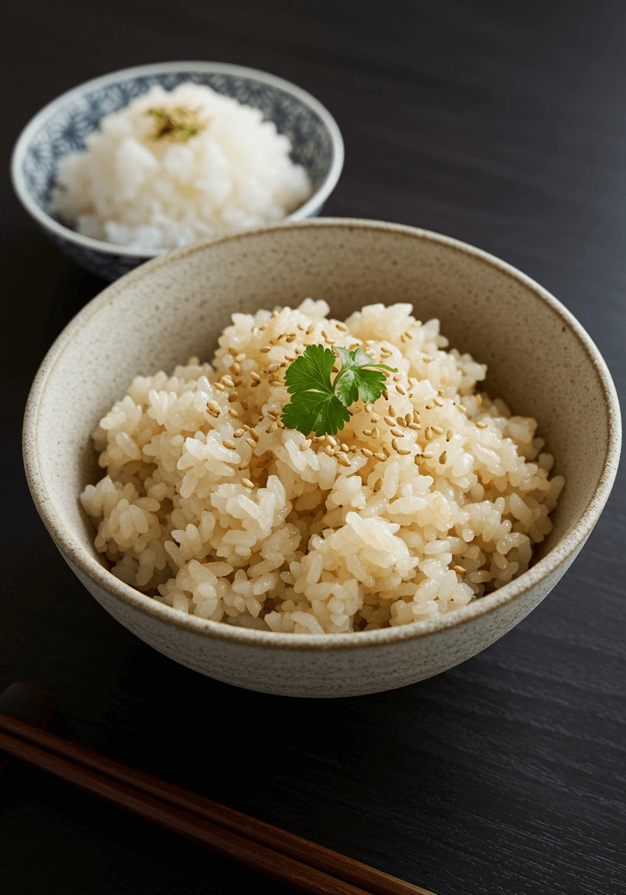 Riz gluant japonais et riz au jasmin servis dans un bol, avec des graines de sésame et des herbes fraîches.