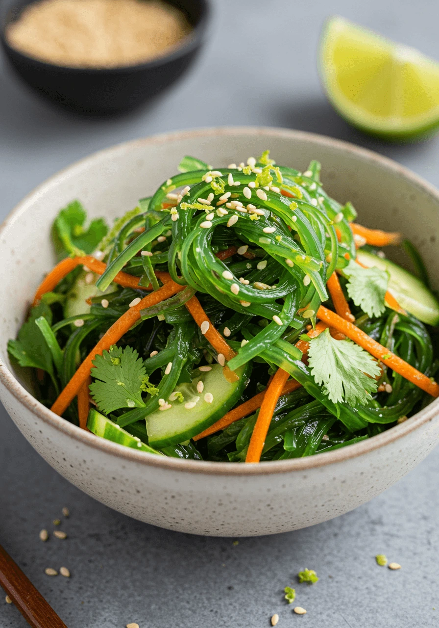 Salade de wakame avec algues, carottes râpées, concombre et graines de sésame, garnie de coriandre fraîche.