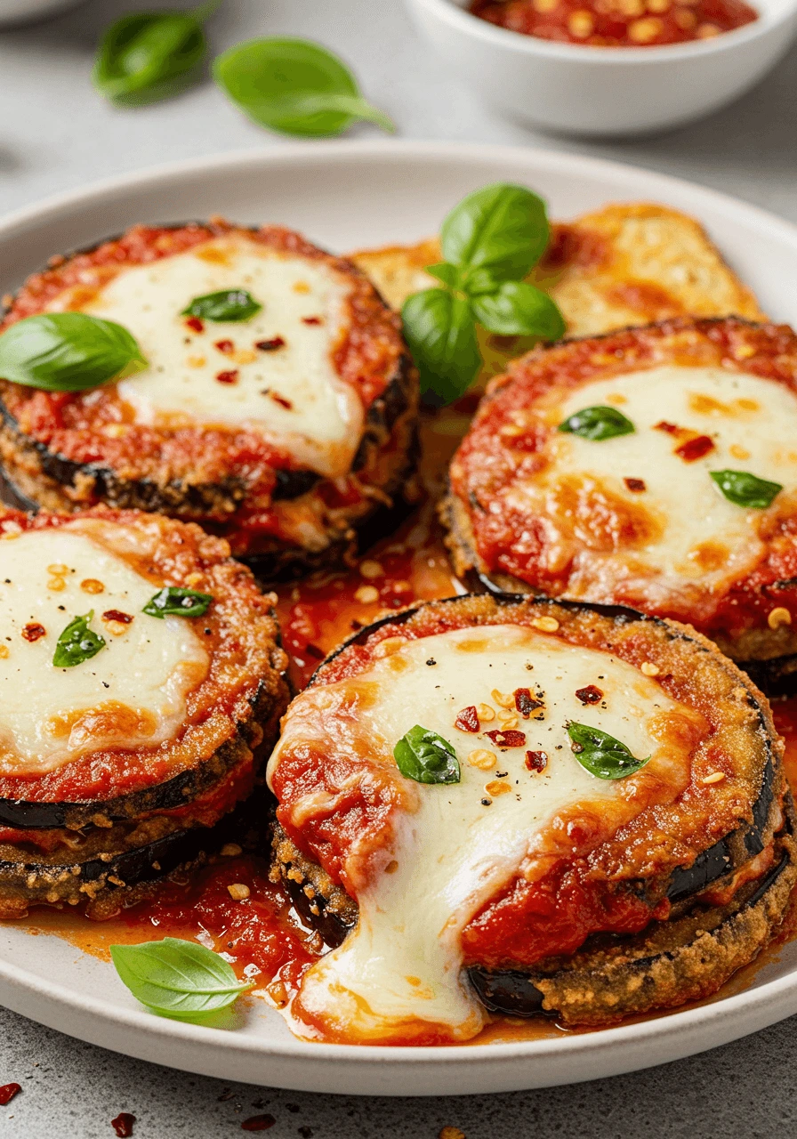 Aubergine parmigiana épicée avec une sauce tomate infusée au piment, des tranches d'aubergines dorées, du fromage mozzarella fondu, et une garniture de basilic frais.