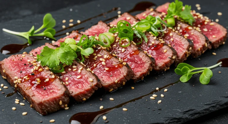 Tranches de tataki de boeuf avec un centre rose, garnies de graines de sésame et d'oignons verts sur une assiette noire, avec un filet de sauce soja.