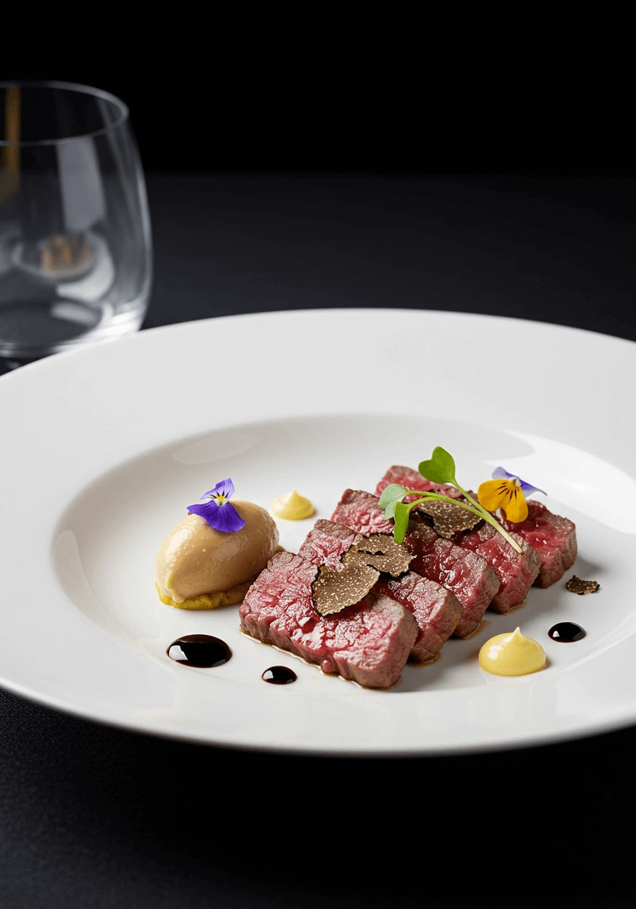 Tataki de boeuf gastronomique avec mousse de foie gras, réduction de balsamique et truffe râpée, décoré de fleurs comestibles.