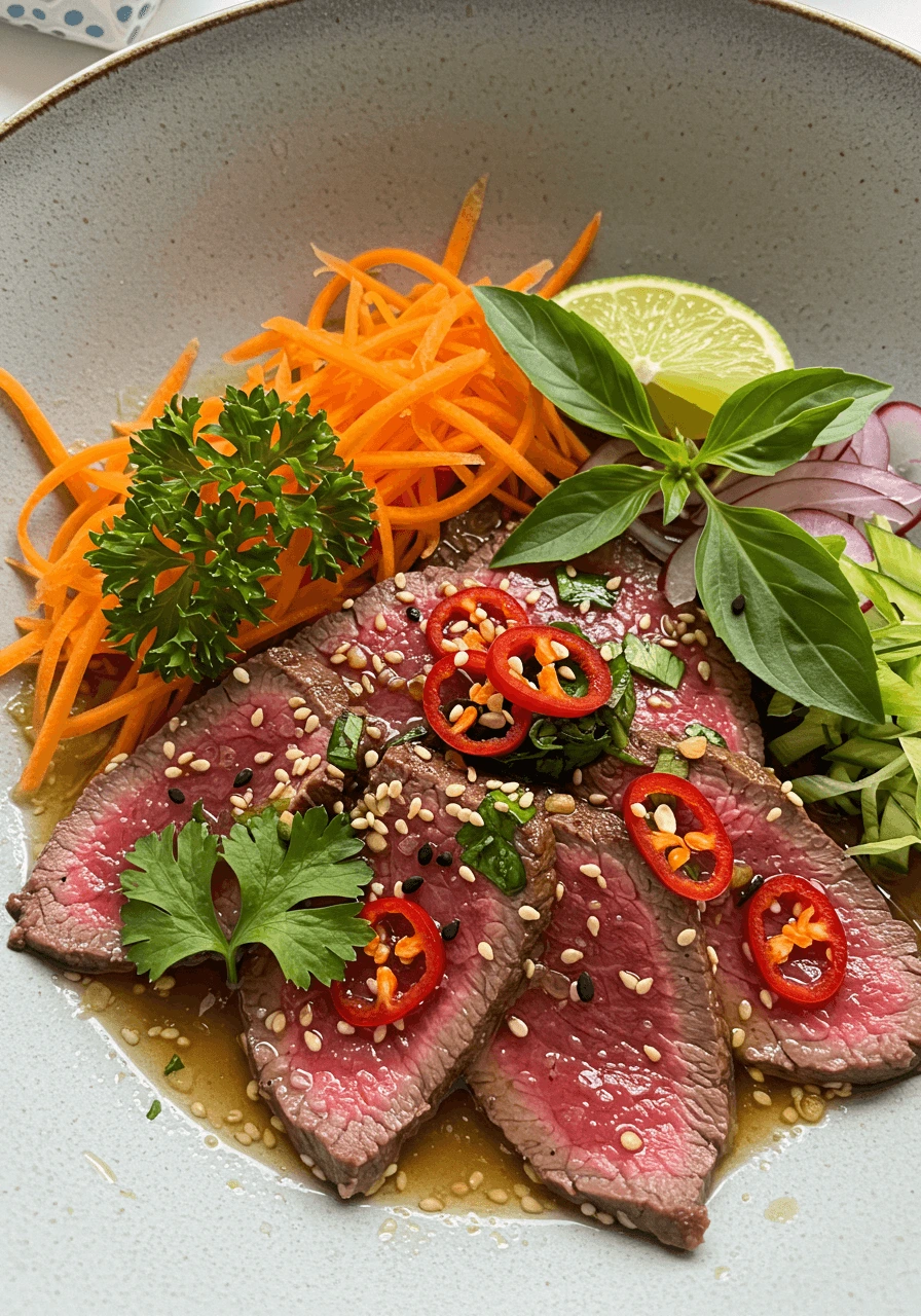 Tataki de boeuf thaï avec carottes râpées, coriandre, basilic thaï et sauce épicée au lime.