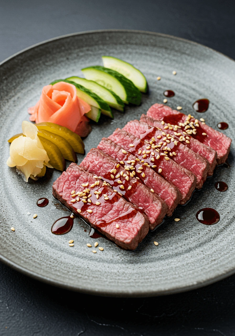 Tataki de boeuf avec légumes marinés comme du gingembre, du concombre et du radis daikon, accompagné de sauce soja.