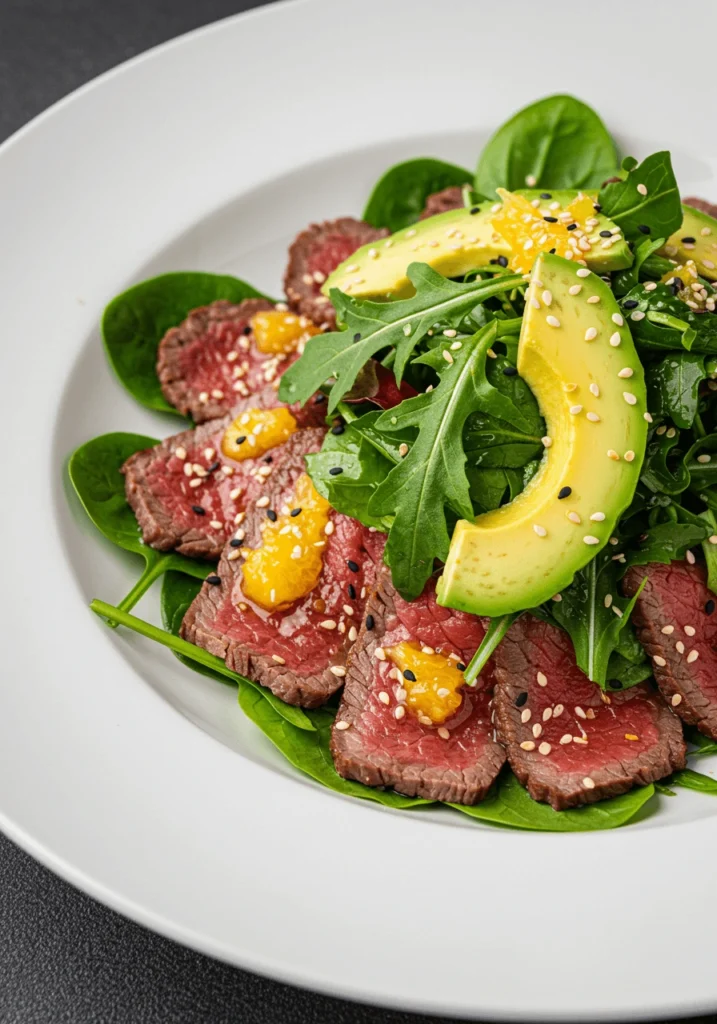 Salade de tataki de boeuf avec roquette, épinards, radicchio, avocat et vinaigrette aux agrumes.