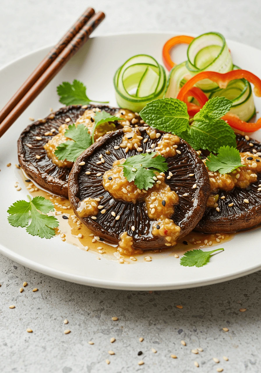 Tataki végétarien avec champignons Portobello, sauce miso, graines de sésame et herbes fraîches.