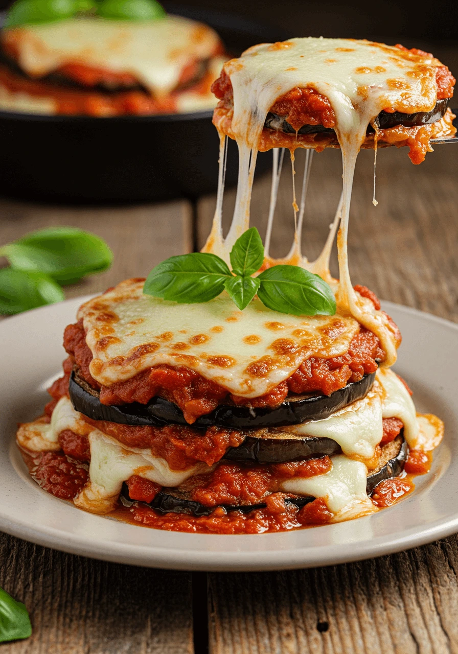 Aubergine parmigiana végétalienne avec des tranches d'aubergines croustillantes, une sauce tomate riche et du fromage végétalien fondu, garni de feuilles de basilic frais.