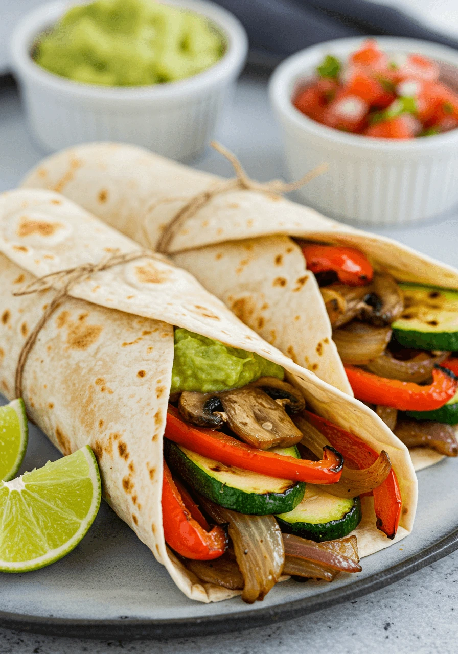 fajitas recette végétariennes avec courgettes grillées, poivrons, champignons et oignons, garnies de guacamole crémeux, salsa fraîche et quartiers de lime.