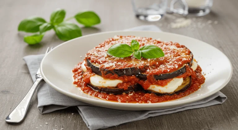 Aubergine parmigiana classique servie dans un plat blanc, avec des tranches d’aubergines dorées et croustillantes, de la sauce tomate riche, du fromage mozzarella fondu, et une garniture de basilic frais.