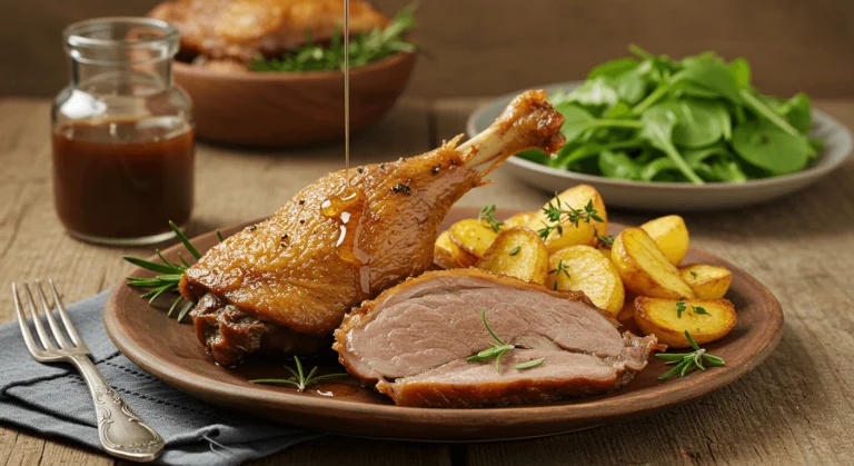 confire cuisse de canard Cuisse de canard confite dorée et croustillante servie avec des pommes de terre sarladaises et une salade verte fraîche, dans un cadre rustique et chaleureux.