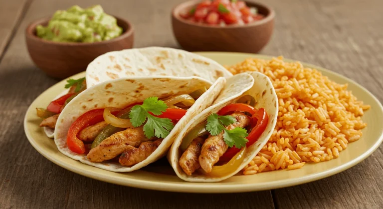 fajitas recette avec poulet grillé, poivrons colorés, oignons frais et coriandre, servis dans des tortillas chaudes, accompagnées de guacamole, salsa et riz mexicain.