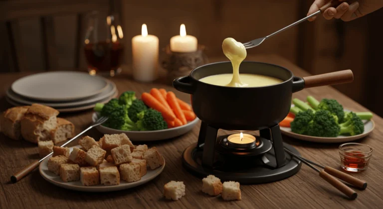 Fondue savoyarde avec fromage fondu, cubes de pain rustique, légumes frais et un bol de kirsch, créant une ambiance conviviale et chaleureuse.