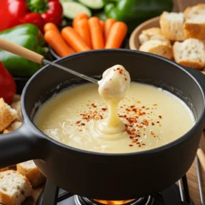 Fondue savoyarde épicée avec fromage fondu, piment et paprika, accompagnée de légumes frais comme des poivrons et des carottes.