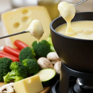 Fondue savoyarde végétarienne avec fromages à base de lait de vache ou de chèvre, accompagnée de légumes frais comme du brocoli et des courgettes.