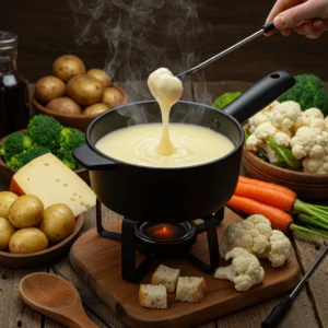 Fondue savoyarde sans alcool avec bouillon de légumes, servie avec des légumes frais comme des pommes de terre et des carottes.