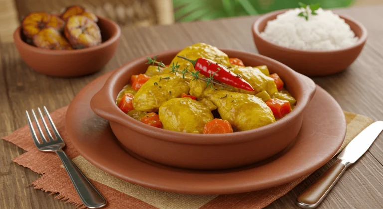 Poulet colombo créole dans un bol en bois, servi avec du riz blanc et des bananes plantains frites. Le poulet est recouvert de sauce dorée, avec des légumes frais comme des tomates et des carottes.