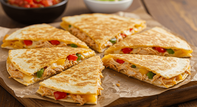 Quesadilla poulet dorée avec fromage fondant, poivrons colorés, accompagnée de guacamole et salsa.