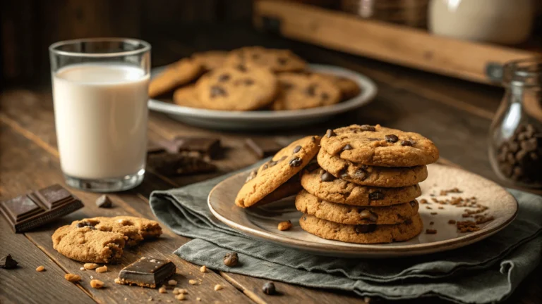 Recette cookies moelleux américain fraîchement cuits, empilés sur une assiette rustique avec des pépites de chocolat fondantes, accompagnés d’un verre de lait.