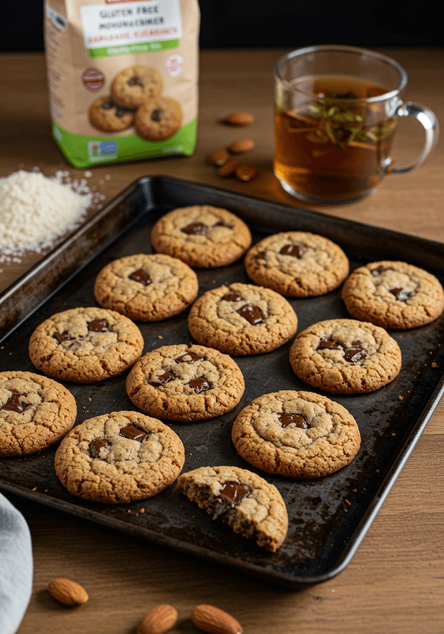 Recette cookies moelleux américain sans gluten, dorés et avec des pépites de chocolat fondantes, servis avec une tasse de thé aux herbes.