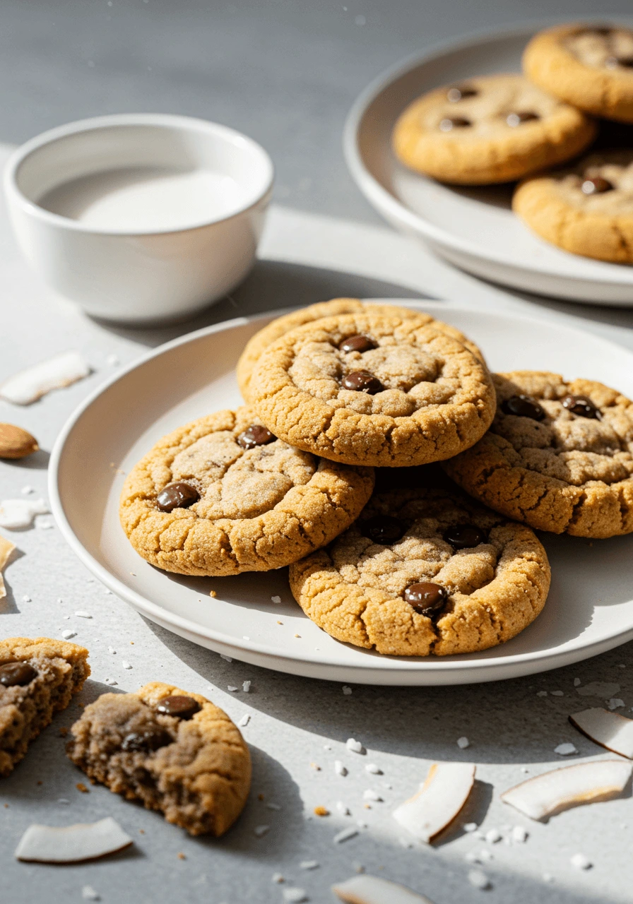 Recette cookies moelleux américain vegan avec des pépites de chocolat, servis avec du lait d’amande dans une ambiance lumineuse et fraîche.