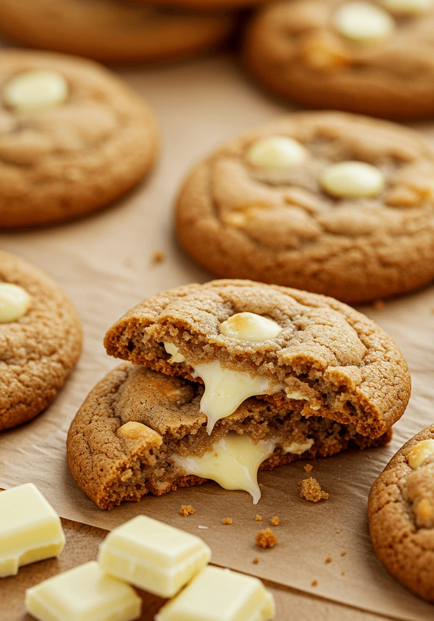 Recette cookies moelleux américain aux pépites de chocolat blanc, frais et dorés, servis sur une plaque de cuisson avec des morceaux de chocolat blanc à côté.