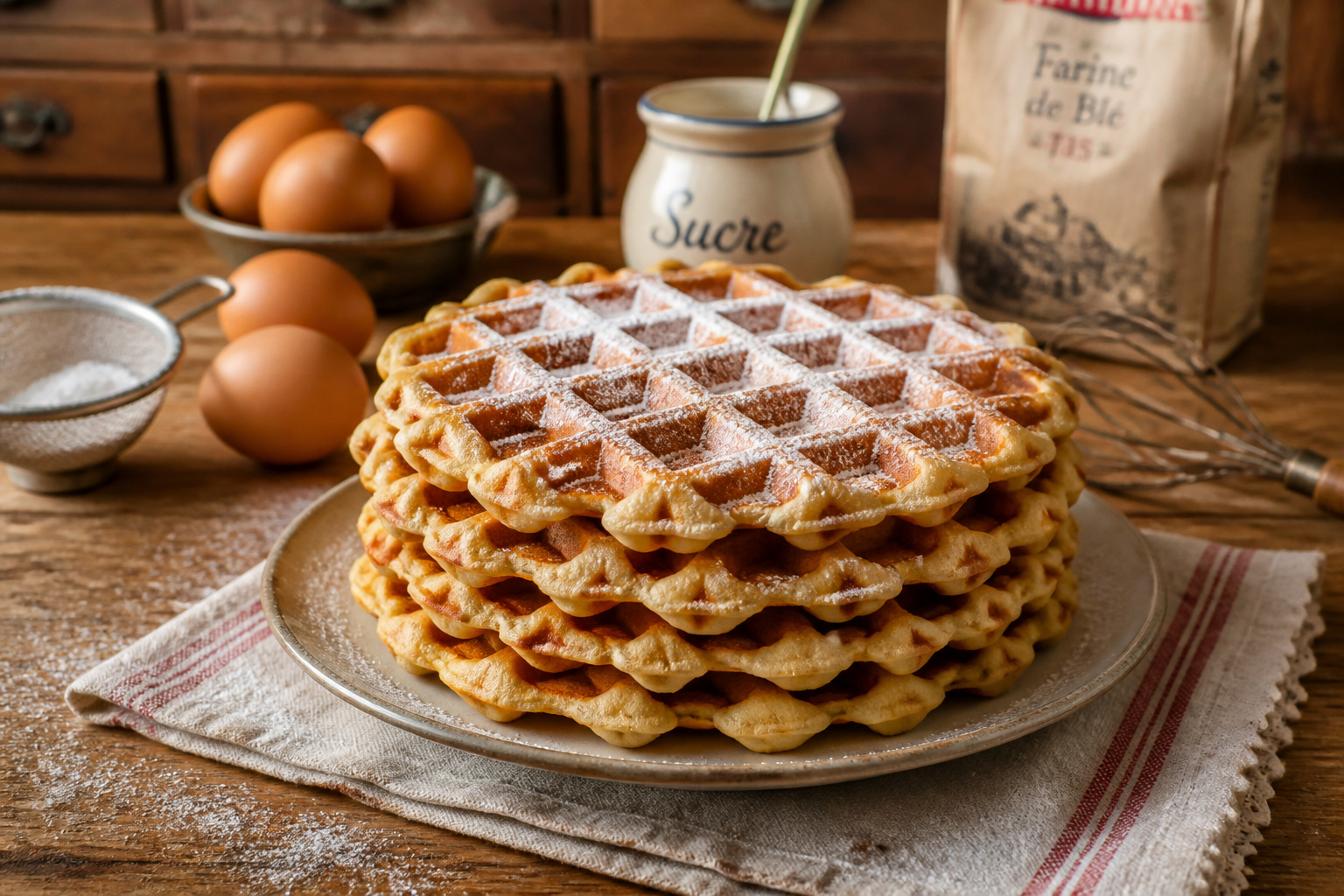 Gaufres dorees saupoudrees de sucre glace