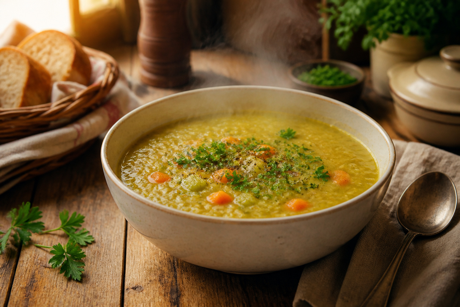 Soupe aux pois verts maison et fumante